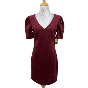 Guess Dress Womens 2 Wine Velvet Wide Puff Pouf Sleeve V Neck Back Zip Sheath